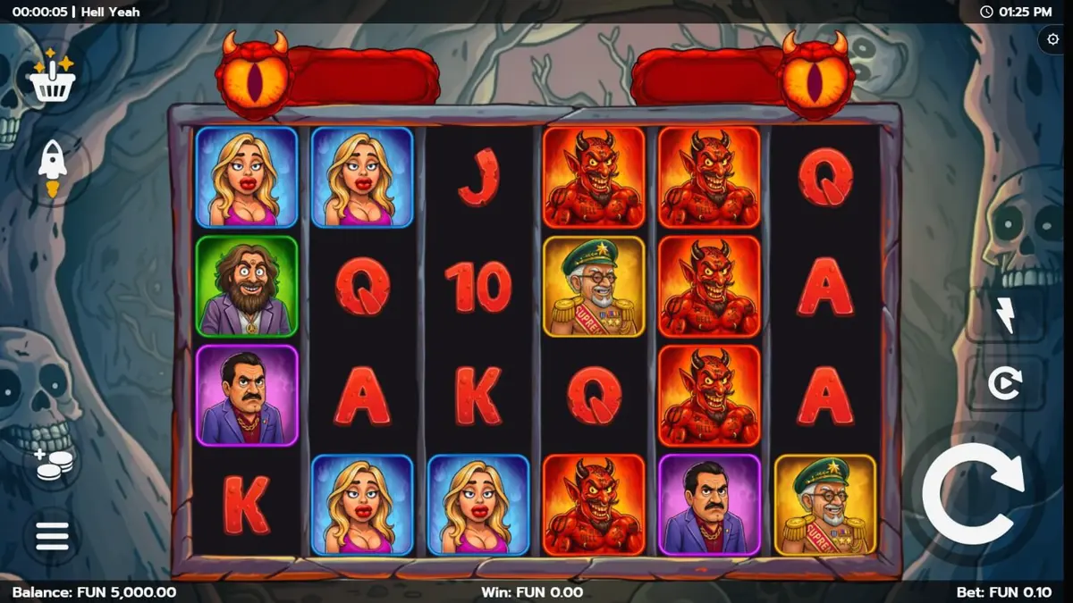 Personagens cartunescos e elementos de fogo no slot Hell Yeah