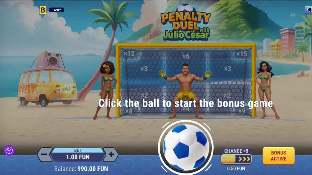 Interface do jogo Penalty Duel com Júlio César mostrando o goleiro no gol e as opções de chute