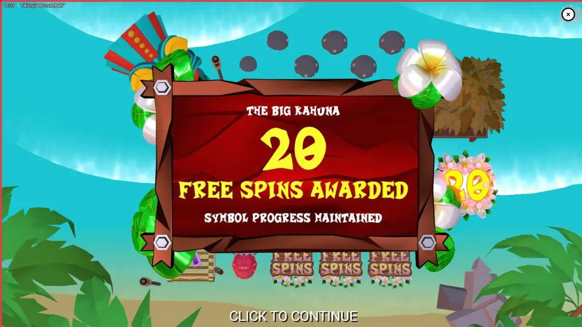 Interface vibrante do jogo Tikitopia BoosterBelt com o totem Big'Um Tiki e frutas animadas