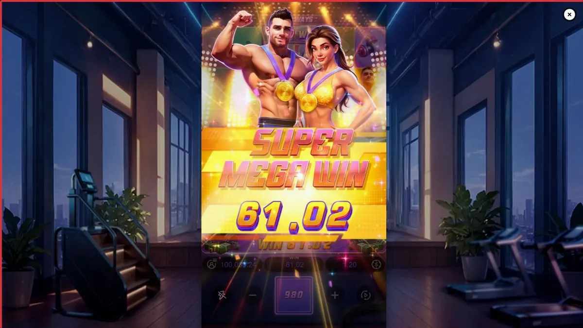 Interface vibrante do slot Mighty Mania com tema de academia